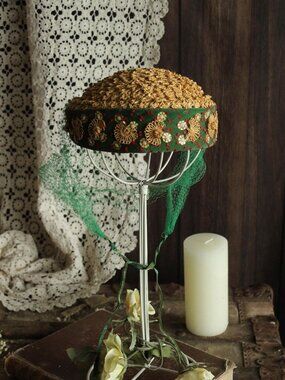 Vintage 1950s Hat, Frances & Walter Nelkin Green Velvet and Straw Pillbox
